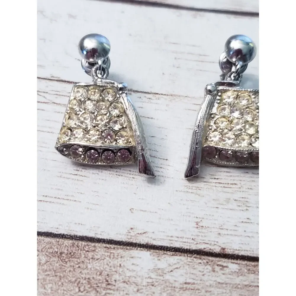 Vintage Clip On Earrings - Silver Tone & Clear Gem - Stamped RA